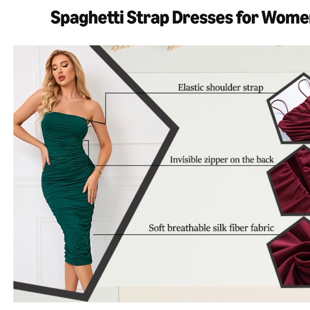 Green Ruched Bodycon Midi Dress Spaghetti Strap Medium